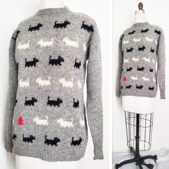 Vintage 80s Concepts Womens Scottie Dog Scottish Terrier Grey Wool Knit Sweater - Picture 6 of 7
